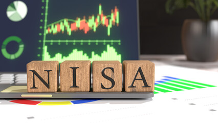 NISAを表す木製ブロックと株式チャートで資産形成や投資のイメージを表現したイラスト
