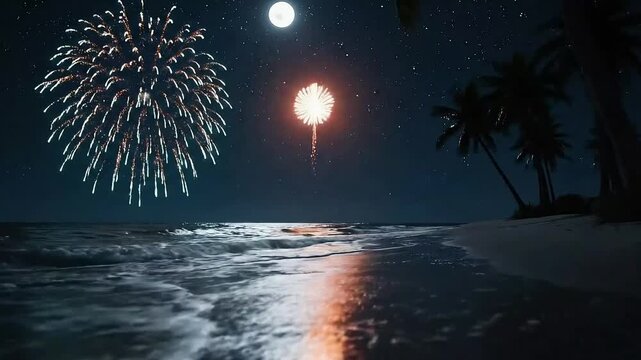 A serene tropical beach at night with gentle waves reflecting the starry sky and moonlight