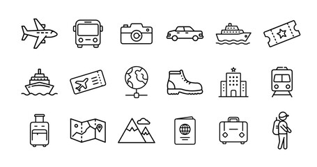Travel and tourism icon set. Vector black glyph icons of airplane, train, cruise ship, passport, suitcase, hiking, map, hotel, boarding pass, tourist, and more.