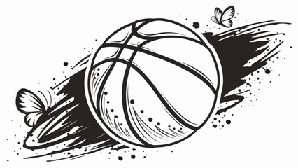 Illustration of a basketball with black ink splatter and two butterflies on a white background design