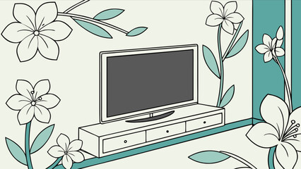 Illustration of a television on a stand surrounded by flowers and leaves in a stylized room setting