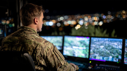 Drone pilot in camouflaged uniform monitors a mission from inside mobile armored control unit, LED-lit screens filled with real-time drone footage