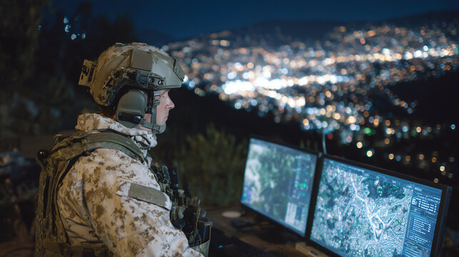 Night vision view of reconnaissance drone flying over hostile territory, glowing city lights below, operator in camo gear focuses on screen inside command center