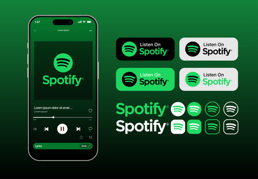 Spotify music player mockup mobile featuring Spotify app interface, Spotify playlist screen, and Spotify audio controls on smartphone for streaming presentation

