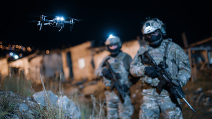Naklejka premium Drone-mounted spotlight scans abandoned structures at night, soldiers in tactical gear search cautiously below, visibility enhanced by drone lights