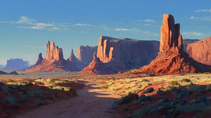 Naklejka premium Desert landscape, sandstone buttes, sunlit path