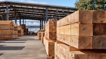 Long rows of neatly stacked lumber stretch across a spacious warehouse interior, warm sunlight filters through skylights, illuminating rich wood grain textures