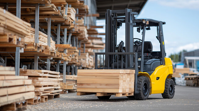 Organized timber planks of various lengths and widths line industrial metal shelving, forklift in background moving a fresh load, sawdust lightly scattered on concrete floor - Powered by Adobe