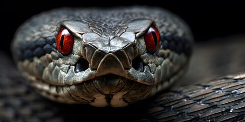 close-up of a black viper snake with glowing red eye, perfect for dark wallpapers