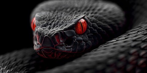 close-up of a black viper snake with glowing red eye, perfect for dark wallpapers