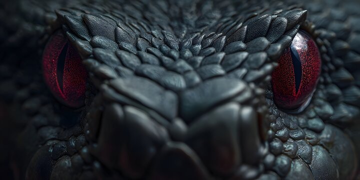 close-up of a black viper snake with glowing red eye, perfect for dark wallpapers