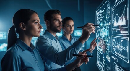 Team analyzing data on interactive screen in dark room, focused on complex charts and diagrams