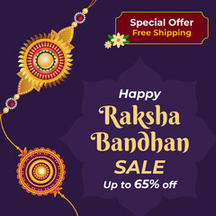 Raksha Bandhan sale poster features a decorative Rakhi design with golden and red colors on a deep purple background. Happy Raksha Bandhan Sale. Special Offer. Free Shipping. Up to 65% off.