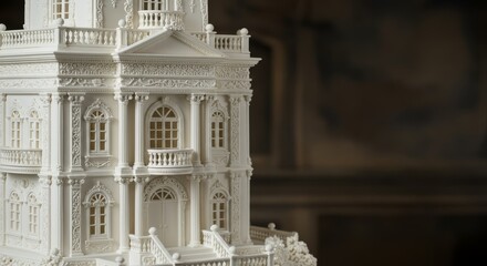 Fototapeta premium Elaborate White Wedding Cake Resembling a Victorian Mansion Architecture