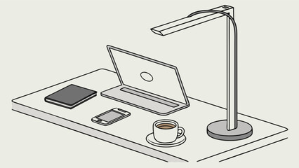Workspace setup with laptop, phone, book, coffee and modern desk lamp for productivity and focus