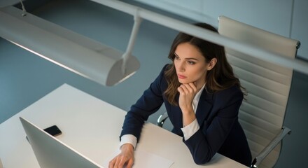 Thoughtful businesswoman at desk under bright office light, contemplating work