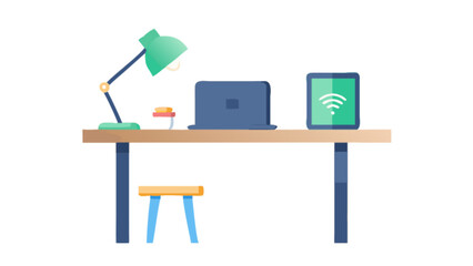 Desk setup with laptop tablet and lamp for workspace home office study vector illustration design