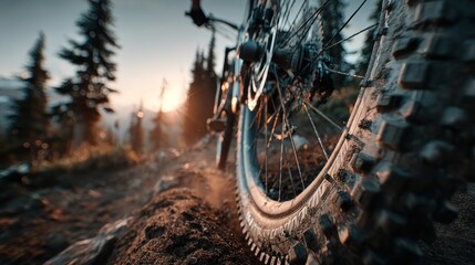 Mountain bike tire on a dirt trail at sunset