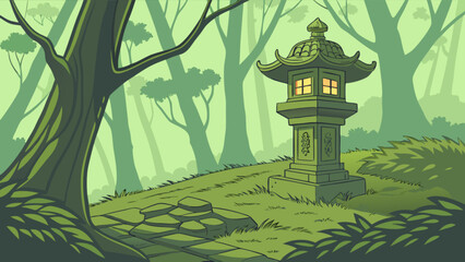 Explore serene japanese garden with stone lantern and lush green trees landscape illustration artwork design