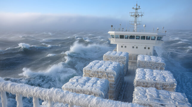 Dry cargo vessel in icy waters, saltpeter packed tightly in covered compartments, fog rolls over frosted railings