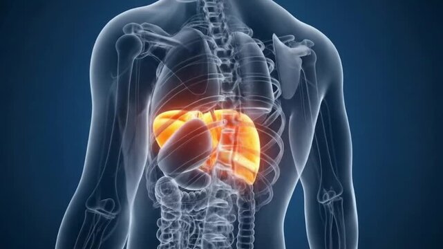 liver function scan, Transparent body showing internal liver organ highlighted with yellow tone for digestion and detoxification system view
