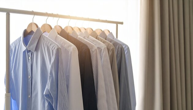 A neat row of men’s shirts hangs on a coat rack, showcasing various styles and colors in a clean, organized setting. - Powered by Adobe
