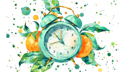 Teal alarm clock with oranges and green leaves watercolor