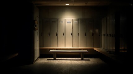A shadow-filled, dark sports locker room cubicle with moody lighting highlighting the bench and empty lockers .
