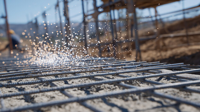 Close-up of rebar grid embedded in concrete base, sparks from distant welder cascade like tiny meteors over worn scaffolding - Powered by Adobe