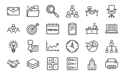 Office and Business Icon Bundle 24 Line Style Work Icons Office Tools, Meeting, Chart, Communication, Desk, Team, Planning Icons 