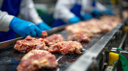 Mechanical sorters categorize raw chicken cuts on a high-speed conveyor, reflective surfaces gleam with cleanliness, factory workers in gloves perform final checks