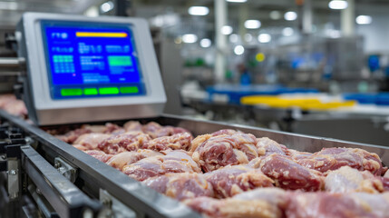 Rows of trimmed chicken parts pass beneath automated scanners in a pristine white-tiled facility, digital readouts display real-time production data