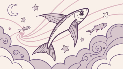 Naklejka premium Flying fish illustration with stars and clouds in pastel colors 