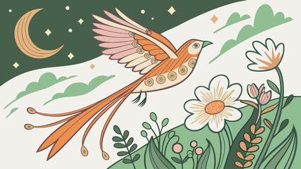 Fototapeta premium Colorful bird flying above flowers under night sky with moon 