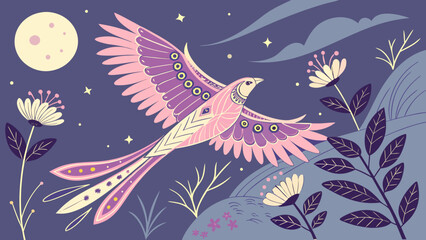 Colorful bird flying under the moonlit sky with flowers in background  
