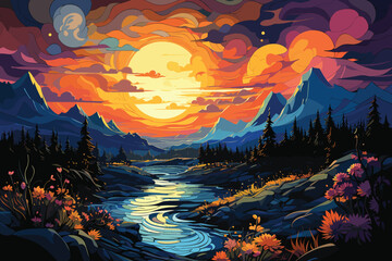 Sunset in the mountains and river landscape scene vector and illustration