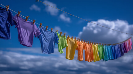 Close-up of t-shirts in a rainbow of colors pinned carefully to a sagging line, backed by a blue sky speckled with cumulus clouds and chirping birds overhead