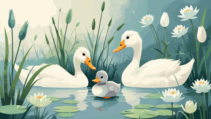 Obraz premium Charming illustration of ducks swimming in a serene pond surrounded by water lilies