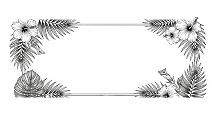 Floral border illustration with tropical leaves and hibiscus flowers  
