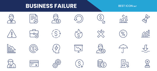 Business Failure Line Icons – Bankruptcy, Financial Loss, Decline Charts, Crisis Management, and Risk Symbols