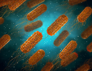 Medical background, bacteria facultative anaerobes, Salmonella, enterobacteria, rod-shaped, flagella over the entire surface, causative agent of salmonella infection, pathogen, 3D rendering