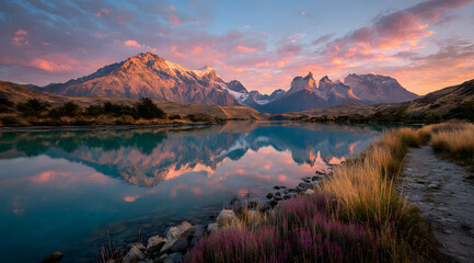 Naklejka premium Torres del paine sunset reflection in turquoise lake