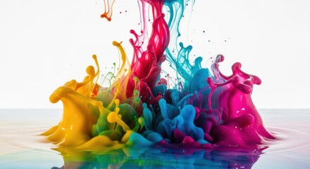 Vibrant paint explosion with dynamic reflections against a clean white backdrop