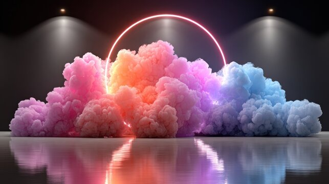 Neon ring framed by pastel smoke clouds - Powered by Adobe