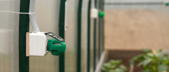 A proven eco-friendly way to destroy harmful whiteflies in a greenhouse. Several fumigators with reppelent tablets in electrical outlets inside a polycarbonate greenhouse.