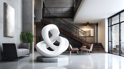 Abstract White and Gray Intertwined Sculpture in Modern Interior .