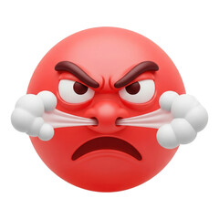 Enraged Emoji with Furrowed Brows and Steam Puffs, Red Angry Face Emoji, Cut Out, Clipping Path Isolated on a Transparent PNG Background.