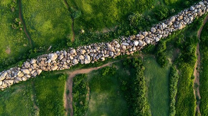 Aerial View of Ancient Stone Wall Across Green Grassland .