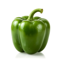 This image features a fresh glossy green bell pepper showcasing its characteristic lobed shape and stem against a pure white backdrop