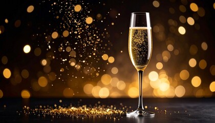 A tall champagne flute filled with golden sparkling wine, surrounded by festive bokeh lights, pine cones, and greenery—evoking luxury, celebration, and winter holiday charm.